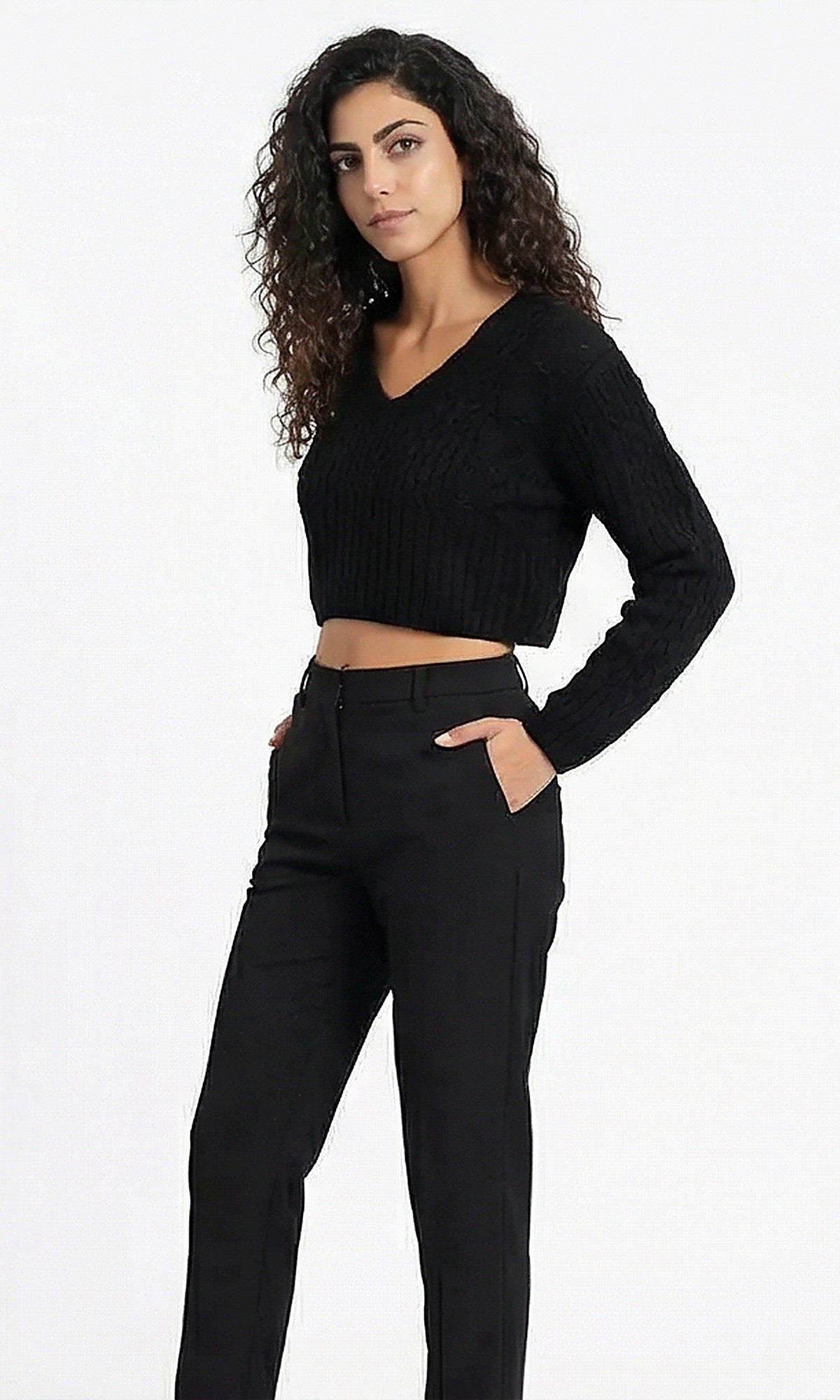 Black Solid V-Neck Cable Knit Crop Pullover