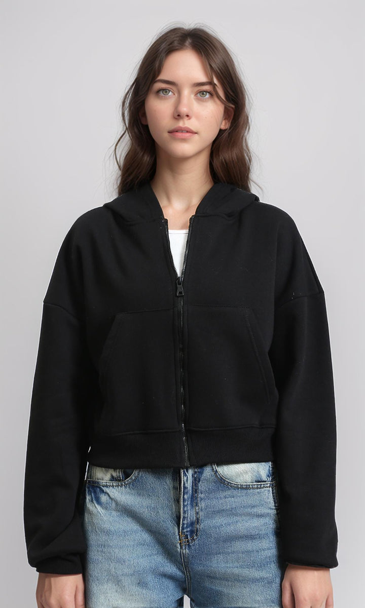 Solid Hoodie with Zipper Through Pocket - Black