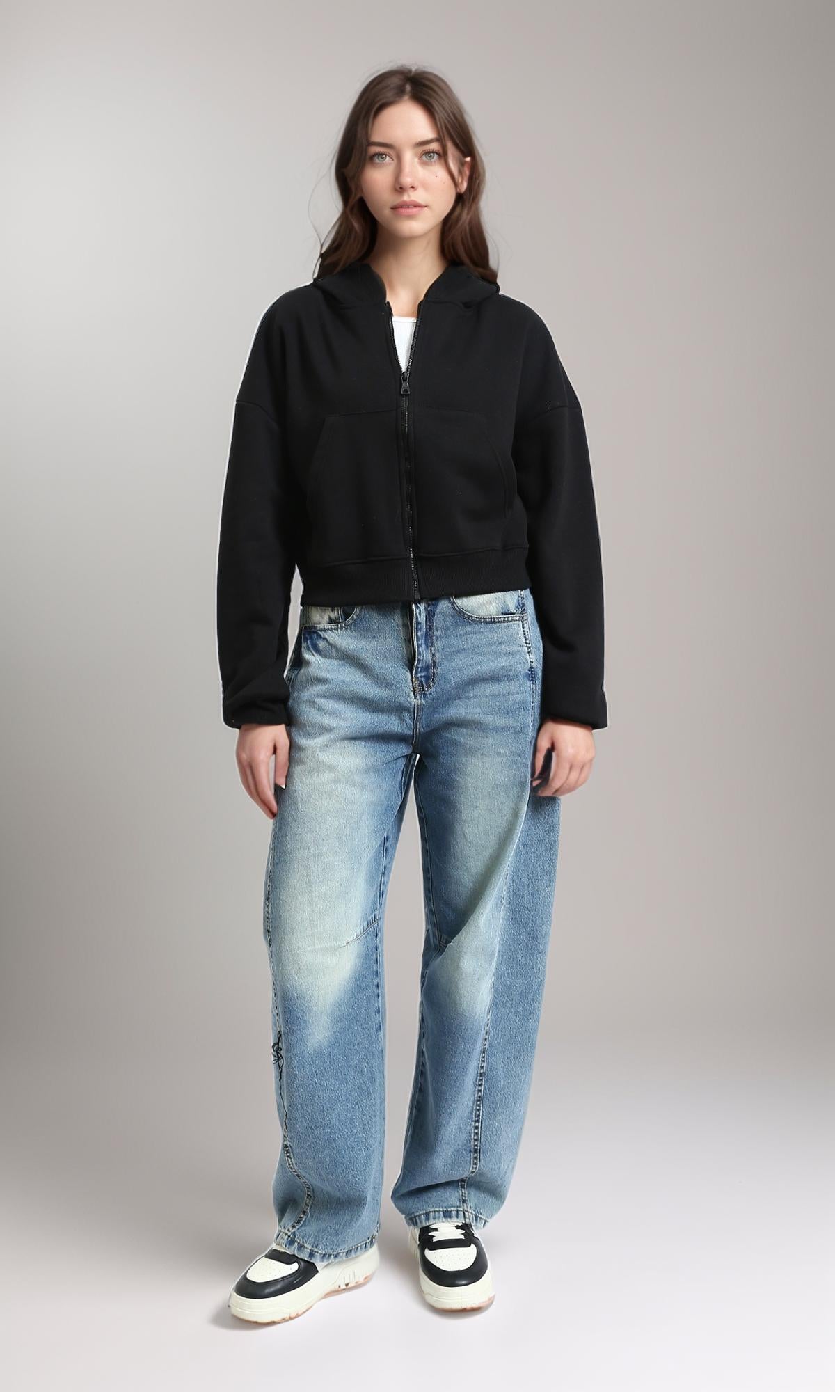 R214969 - Solid Hoodie with Zipper Through Pocket - Black