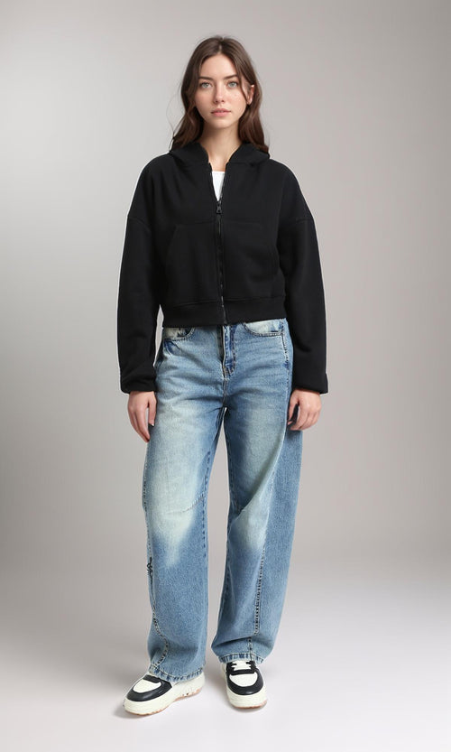 R214969 - Solid Hoodie with Zipper Through Pocket - Black