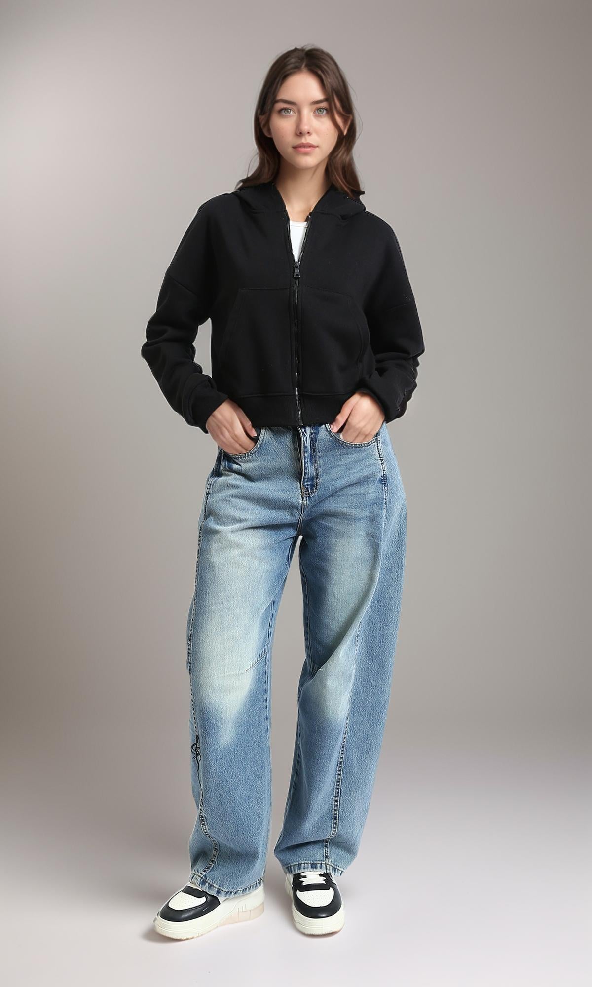 R214969 - Solid Hoodie with Zipper Through Pocket - Black