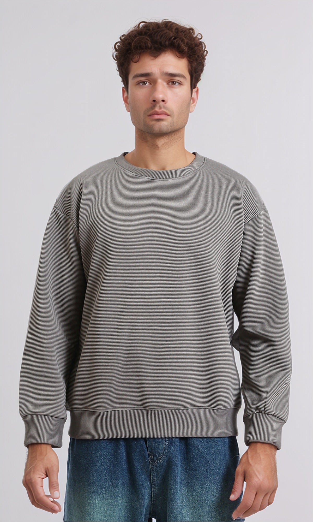 R214979 - Ribbed Diagonal Crew Neck Sweatshirt - Dark Grey