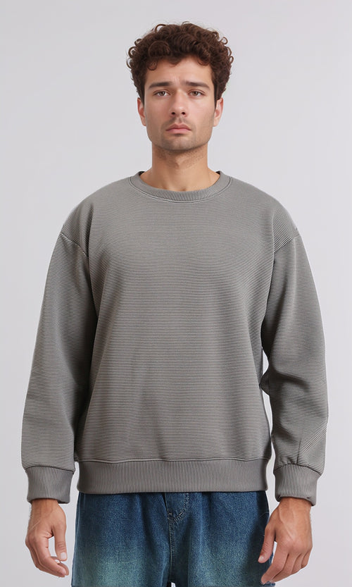 R214979 - Ribbed Diagonal Crew Neck Sweatshirt - Dark Grey