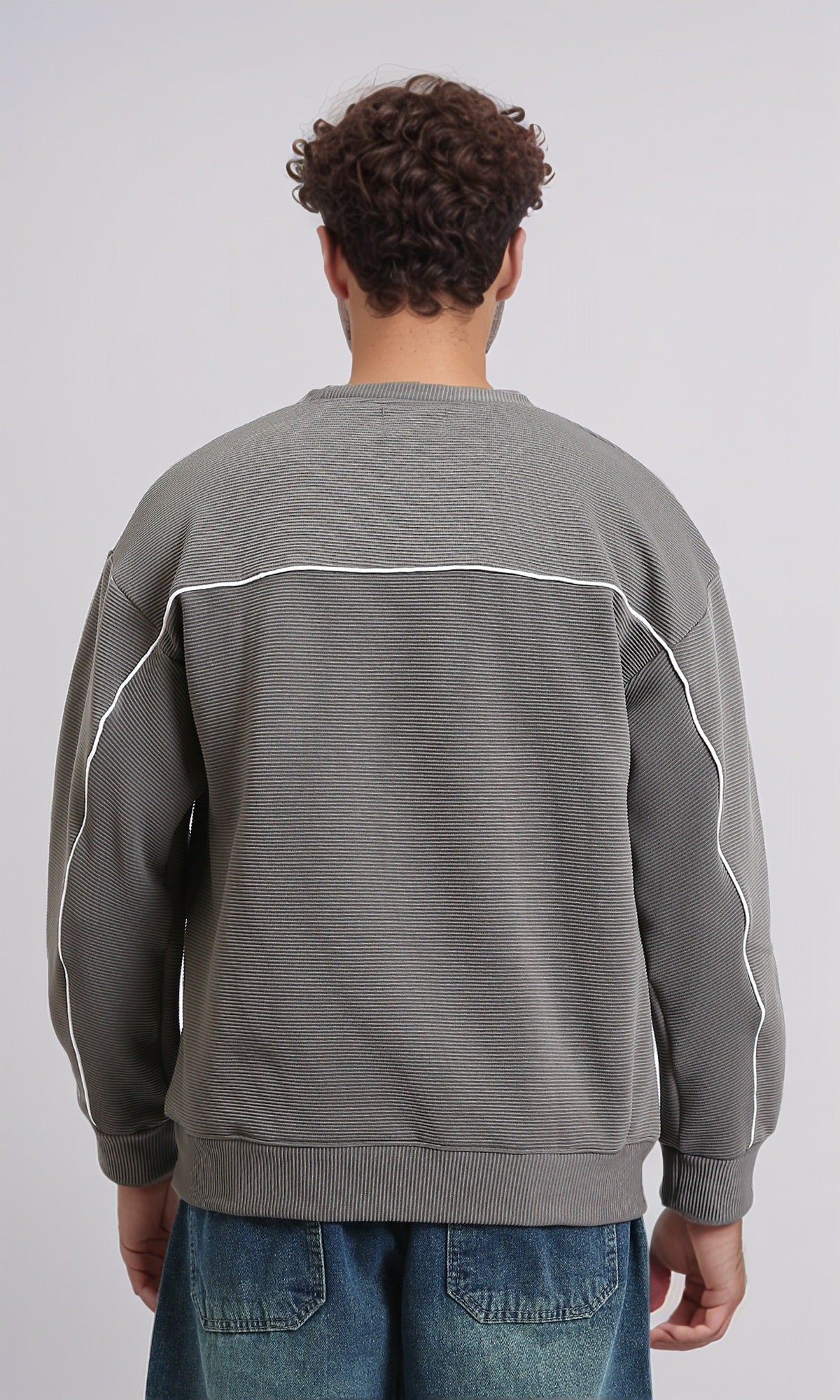 R214979 - Ribbed Diagonal Crew Neck Sweatshirt - Dark Grey