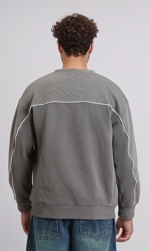 R214979 - Ribbed Diagonal Crew Neck Sweatshirt - Dark Grey
