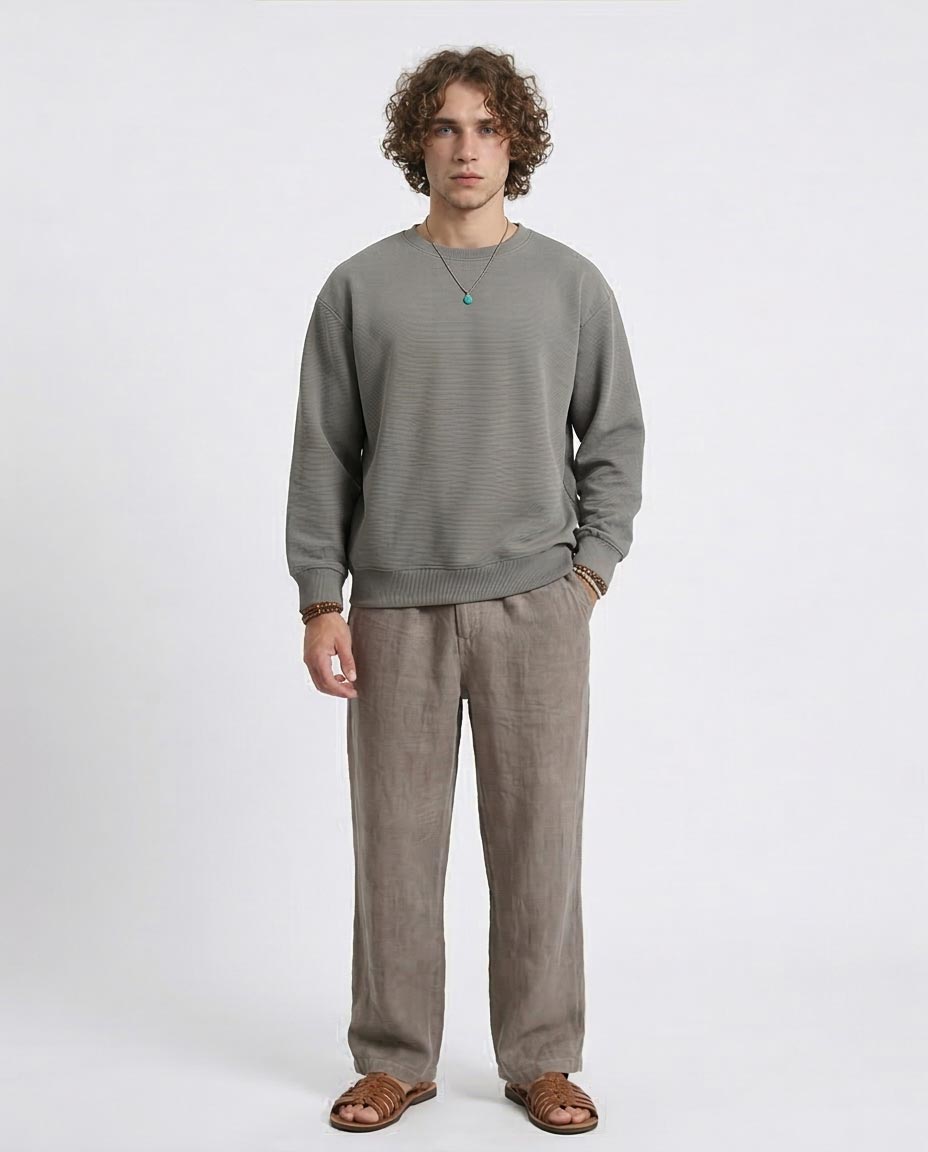 RAVIN Men’s Oversized Ottoman Ribbed Sweatshirt with Contrast Piping - Dark Grey - R214979