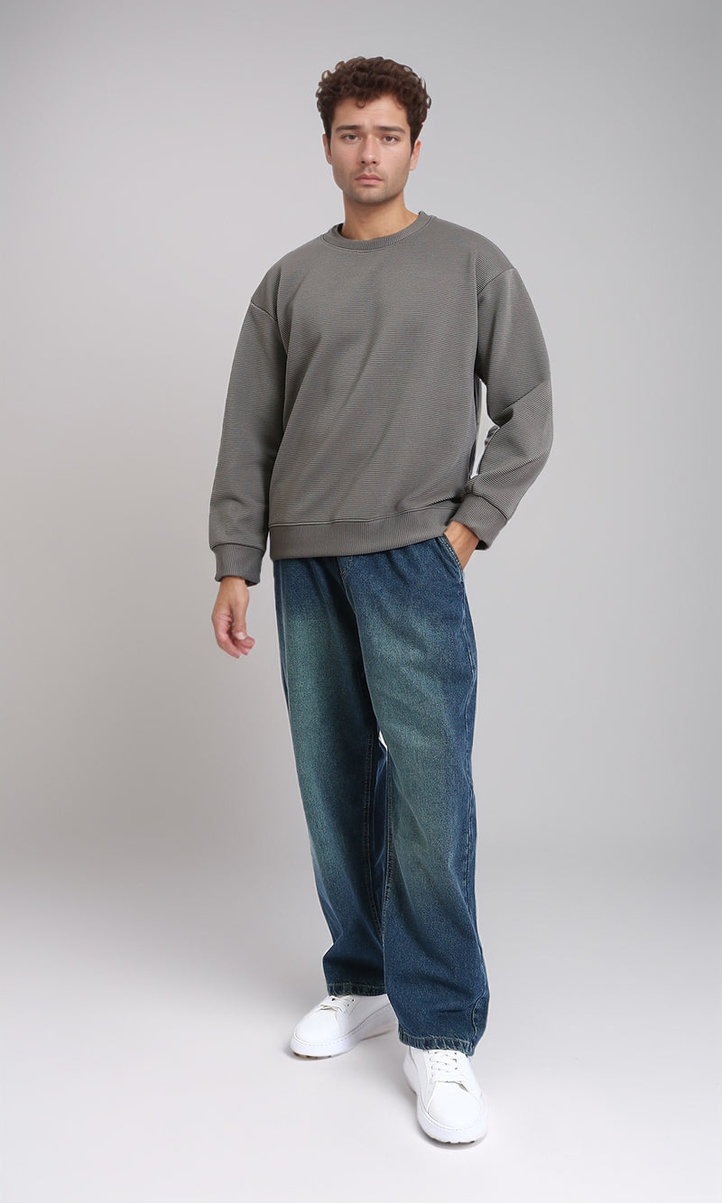 R214979 - Ribbed Diagonal Crew Neck Sweatshirt - Dark Grey