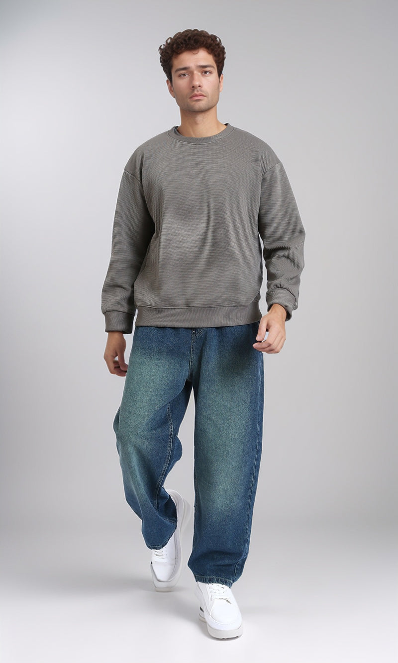 R214979 - Ribbed Diagonal Crew Neck Sweatshirt - Dark Grey