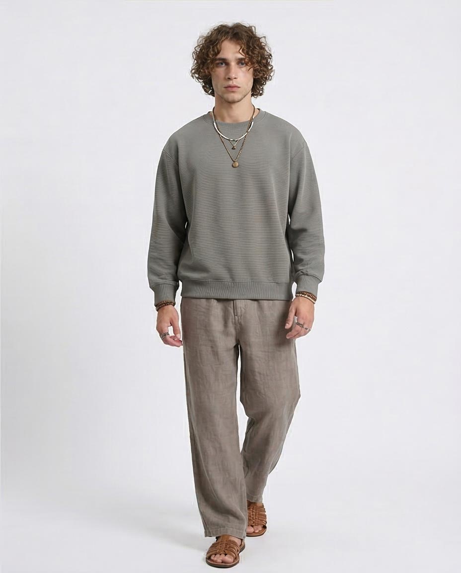 RAVIN Men’s Oversized Ottoman Ribbed Sweatshirt with Contrast Piping - Dark Grey - R214979