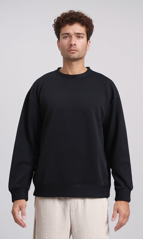 R214980 - Ribbed Diagonal Crew Neck Sweatshirt - Black