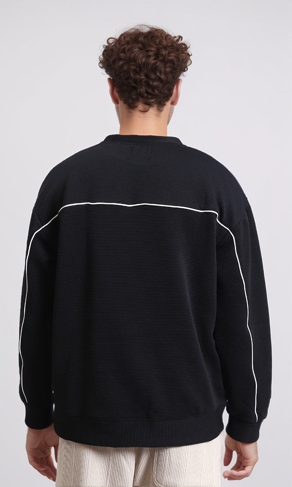 R214980 - Ribbed Diagonal Crew Neck Sweatshirt - Black