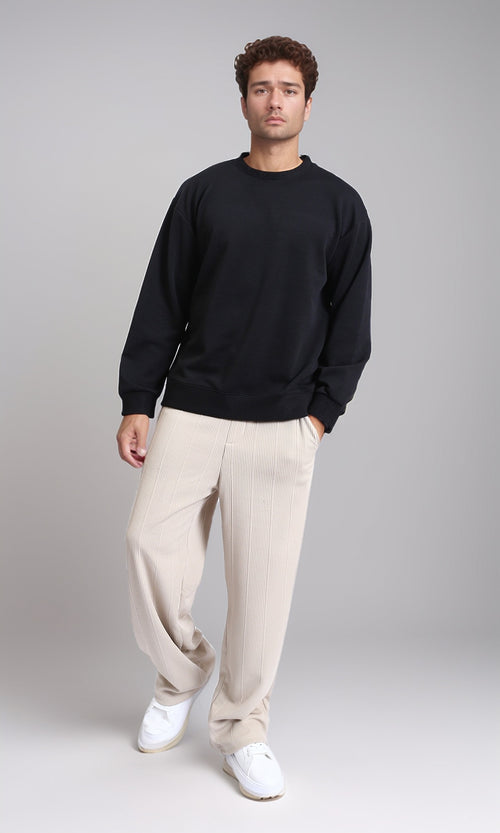 R214980 - Ribbed Diagonal Crew Neck Sweatshirt - Black