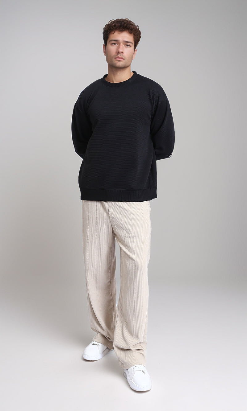 R214980 - Ribbed Diagonal Crew Neck Sweatshirt - Black