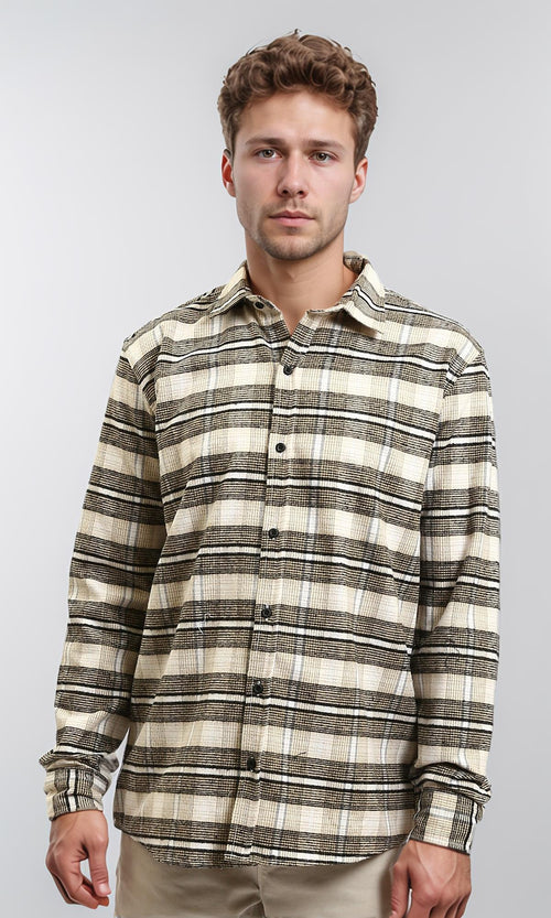 R215009 - Buttons Down Checkered Long Sleeve Shirt - Beige & Black
