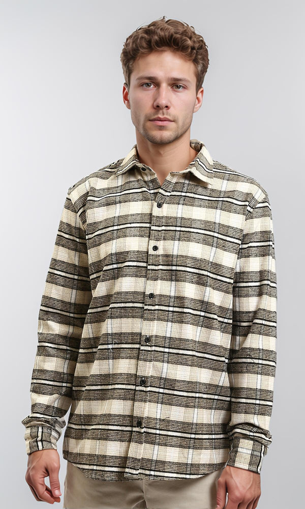 R215009 - Buttons Down Checkered Long Sleeve Shirt - Beige & Black