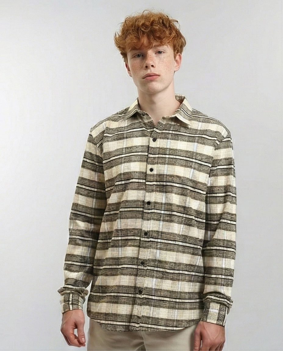 Buttons Down Checkered Long Sleeve Shirt - Beige & Black