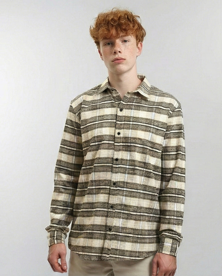 Buttons Down Checkered Long Sleeve Shirt - Beige & Black