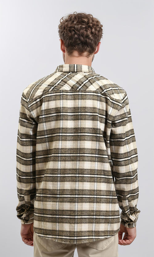 R215009 - Buttons Down Checkered Long Sleeve Shirt - Beige & Black