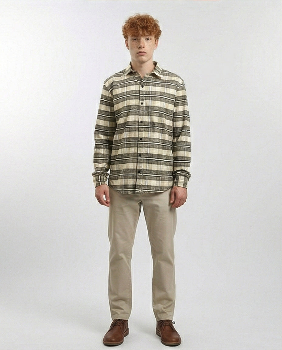 R215009 - Buttons Down Checkered Long Sleeve Shirt - Beige & Black