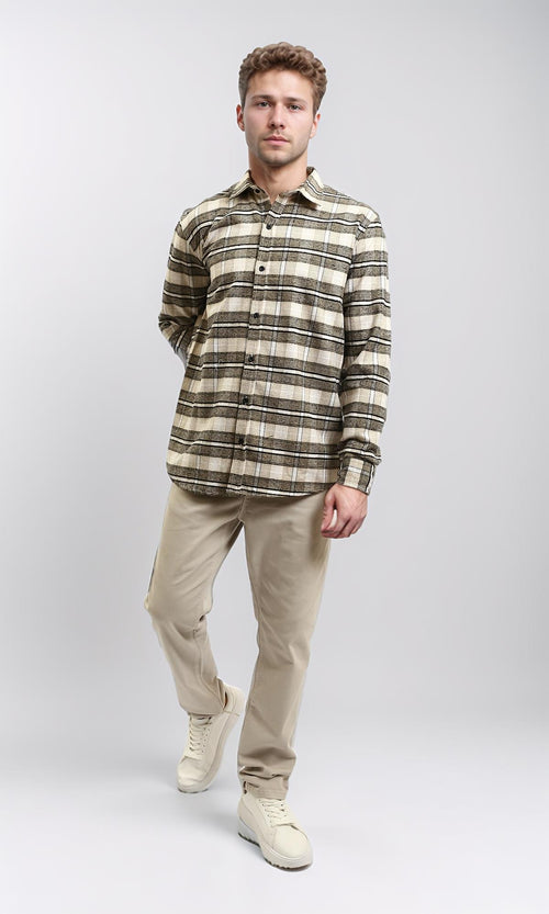 R215009 - Buttons Down Checkered Long Sleeve Shirt - Beige & Black