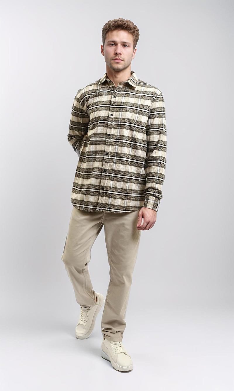 R215009 - Buttons Down Checkered Long Sleeve Shirt - Beige & Black