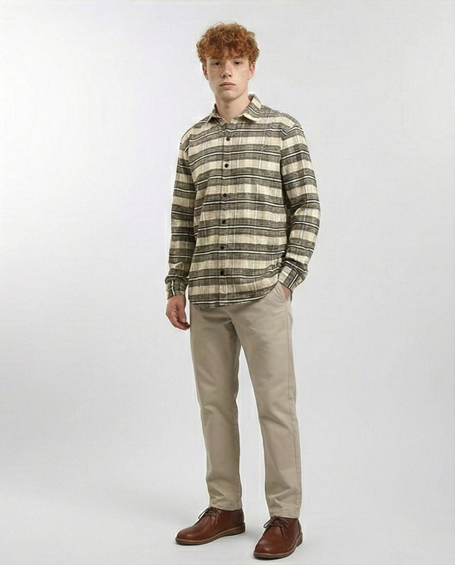 R215009 - Buttons Down Checkered Long Sleeve Shirt - Beige & Black