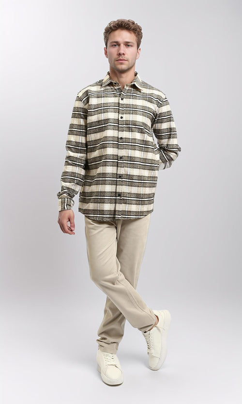 R215009 - Buttons Down Checkered Long Sleeve Shirt - Beige & Black