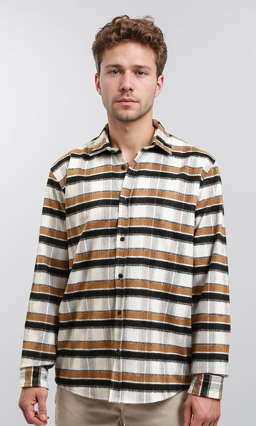 R215011 - Long Sleeves Checkered Casual Shirt - Brown, Black & White