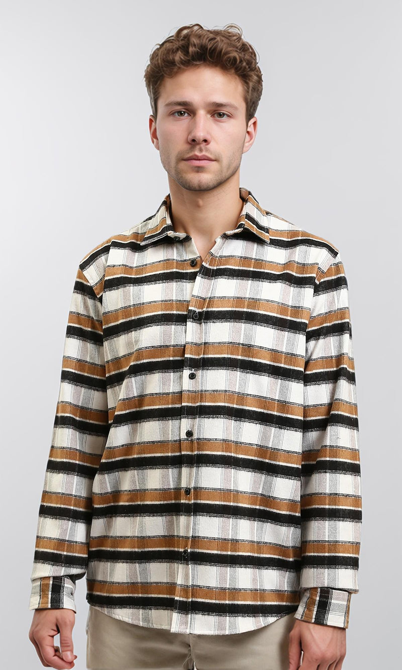 R215011 - Long Sleeves Checkered Casual Shirt - Brown, Black & White