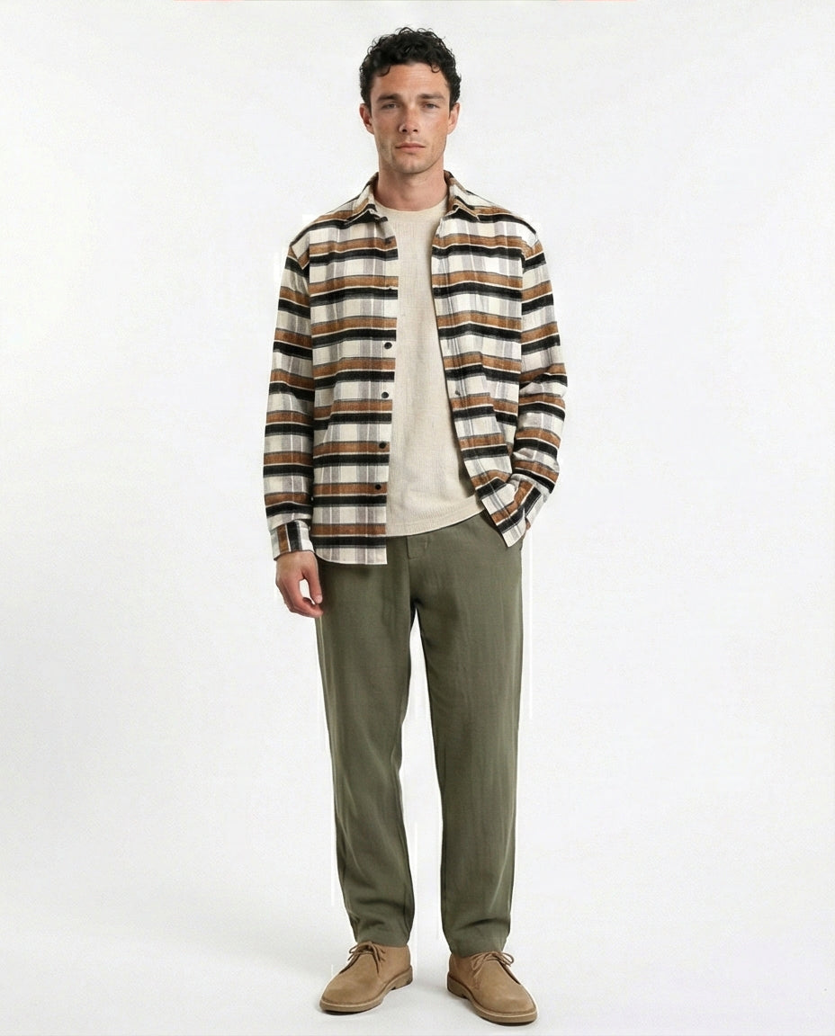 R215011 - Long Sleeves Checkered Casual Shirt - Brown, Black & White