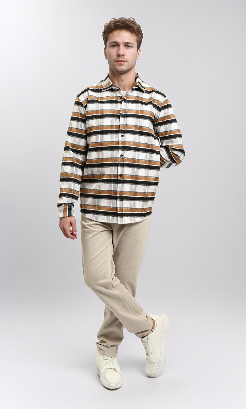 R215011 - Long Sleeves Checkered Casual Shirt - Brown, Black & White