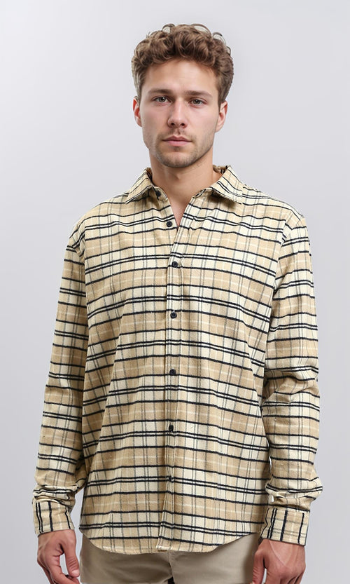 R215012 - Regular Fit Buttoned Plaid Shirt - Beige & Black