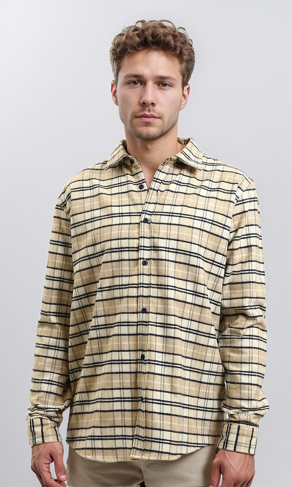 R215012 - Regular Fit Buttoned Plaid Shirt - Beige & Black
