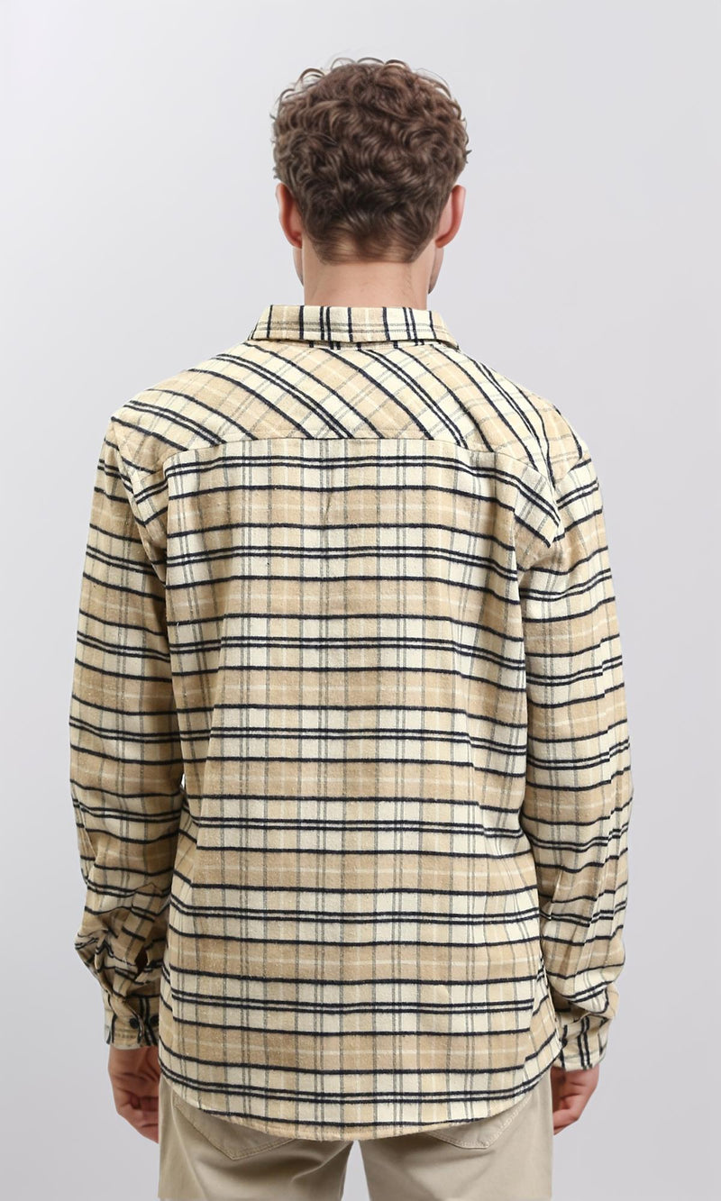 R215012 - Regular Fit Buttoned Plaid Shirt - Beige & Black
