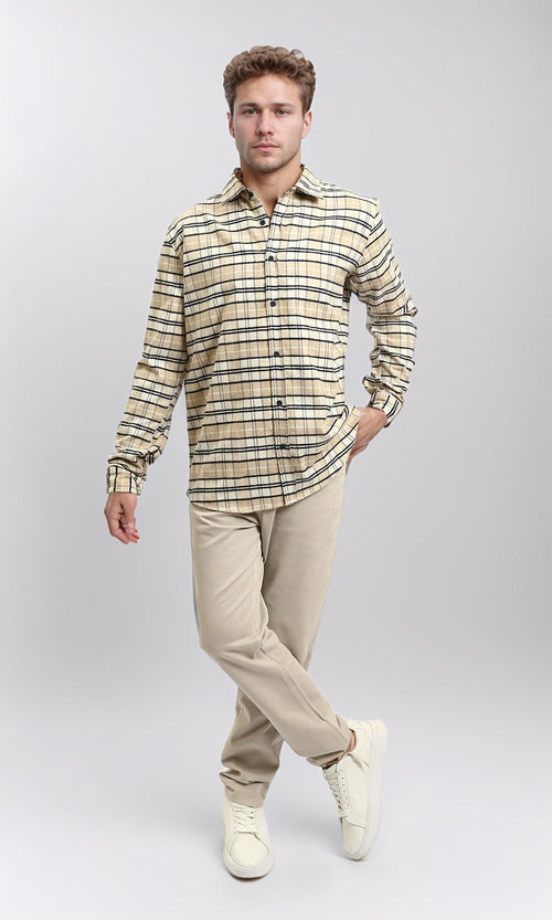 R215012 - Regular Fit Buttoned Plaid Shirt - Beige & Black