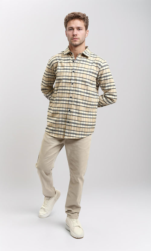 R215012 - Regular Fit Buttoned Plaid Shirt - Beige & Black
