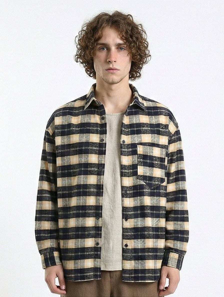 Plaid Winter Shirt with Front Pocket - Beige & Black