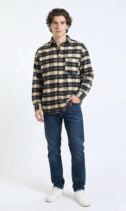 R215013 - Plaid Winter Shirt with Front Pocket - Beige & Black
