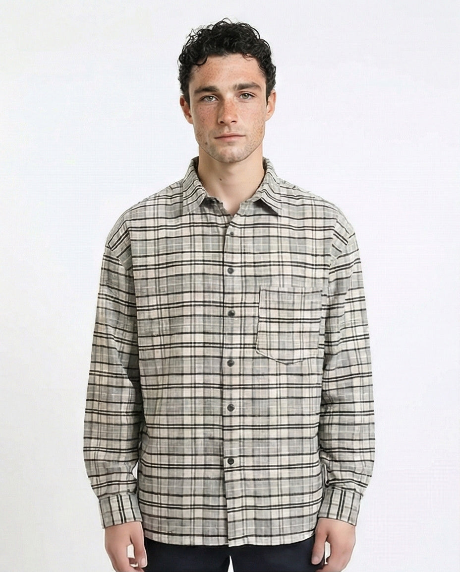 Plaid Winter Shirt with Front Pocket - Light Grey & Beige