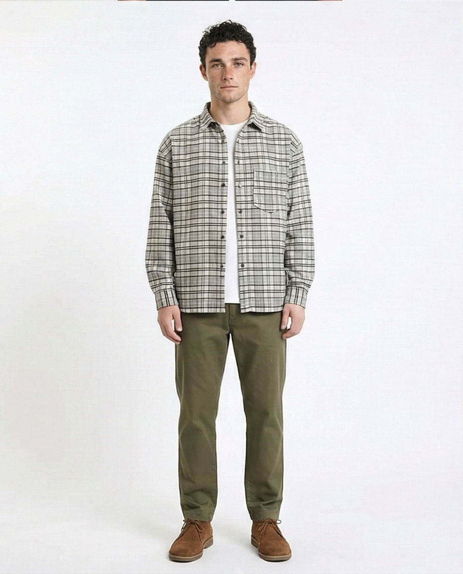 R215014 - Plaid Winter Shirt with Front Pocket - Light Grey & Beige