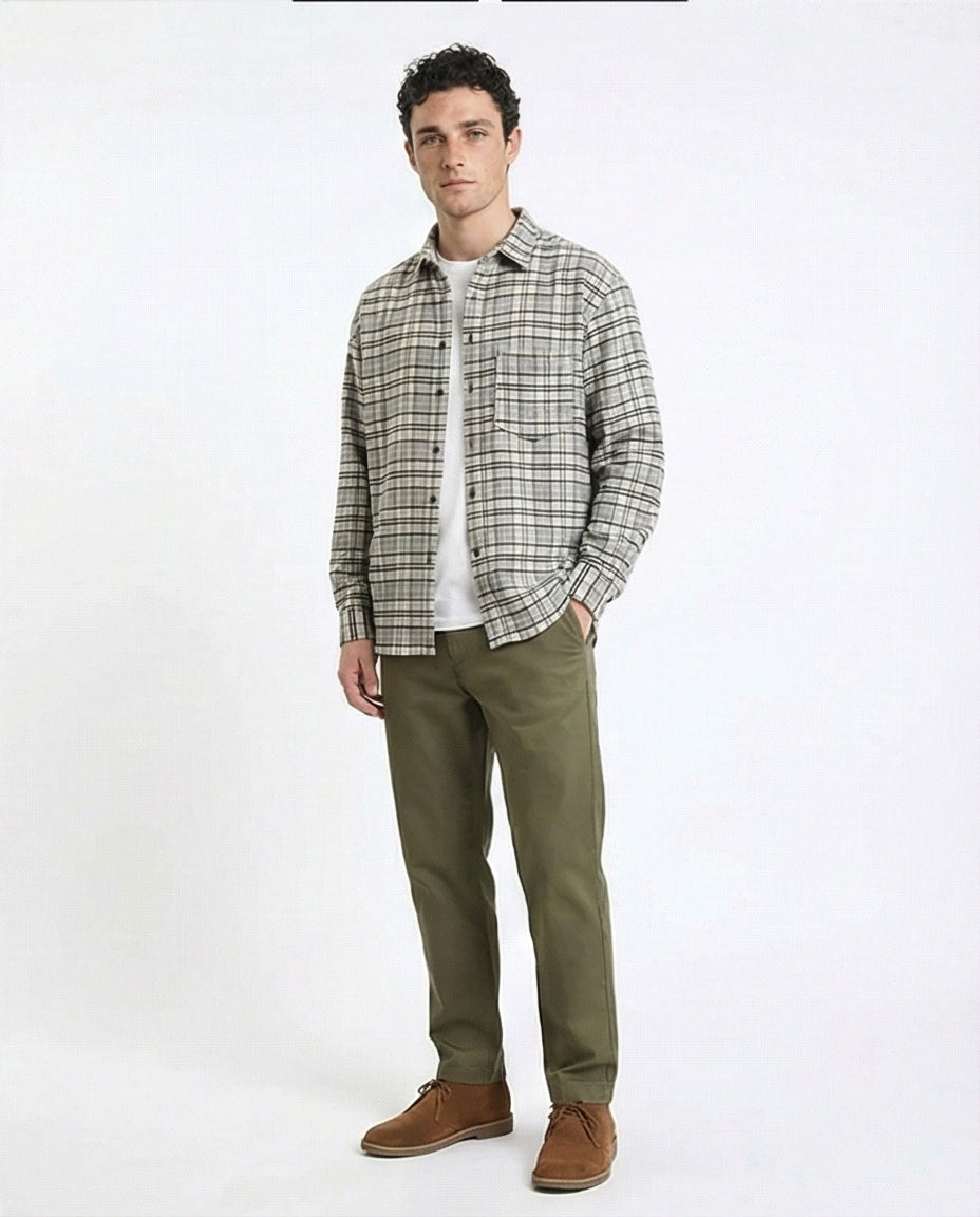 R215014 - Plaid Winter Shirt with Front Pocket - Light Grey & Beige