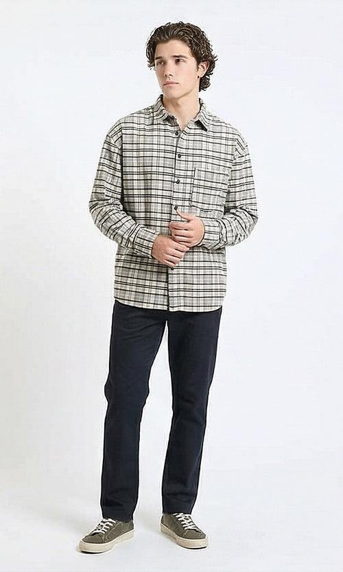 R215014 - Plaid Winter Shirt with Front Pocket - Light Grey & Beige