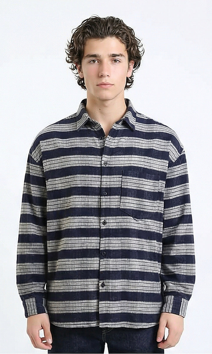 Plaid Winter Shirt with Front Pocket - Light Grey & Navy Blue