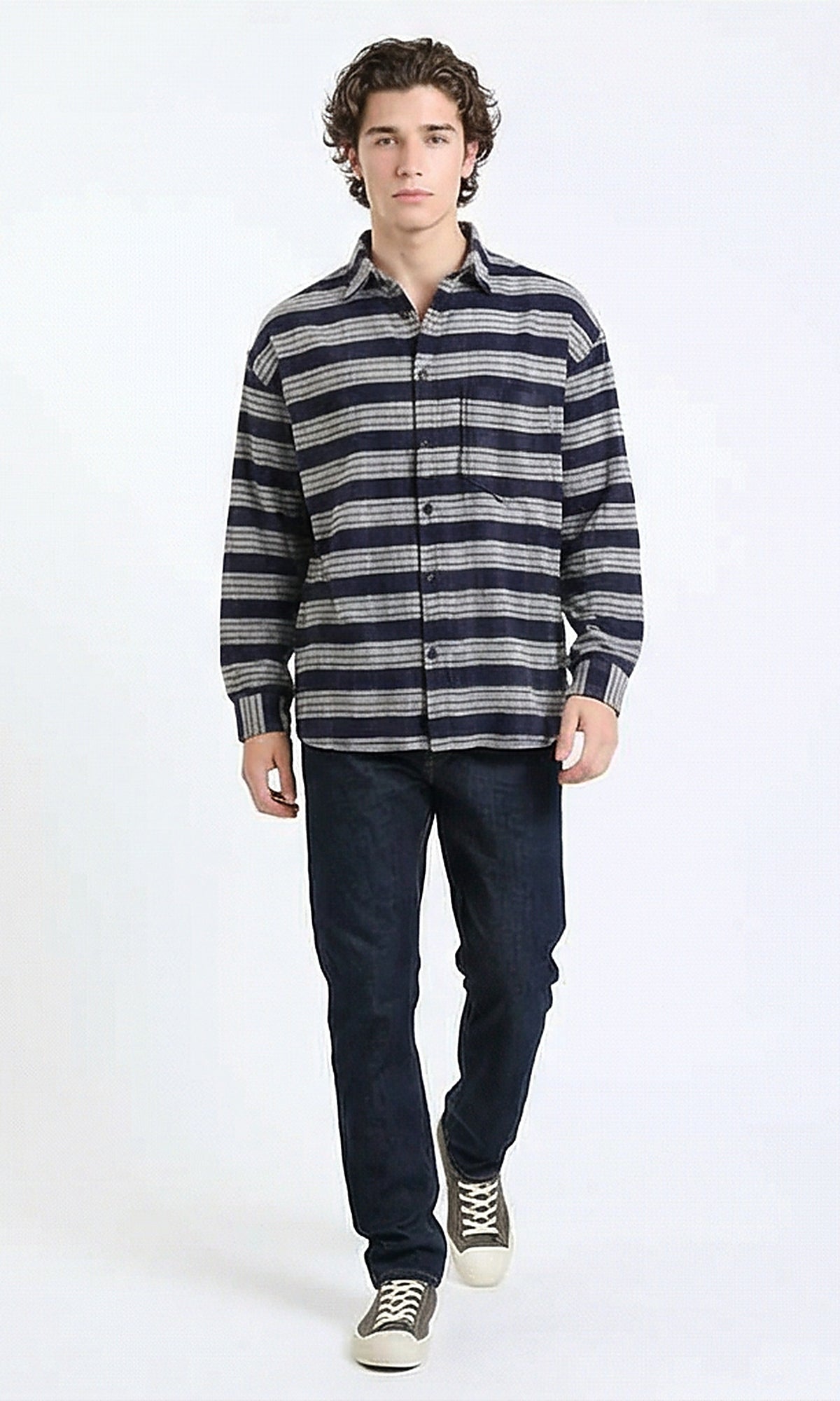 R215015 - Plaid Winter Shirt with Front Pocket - Light Grey & Navy Blue