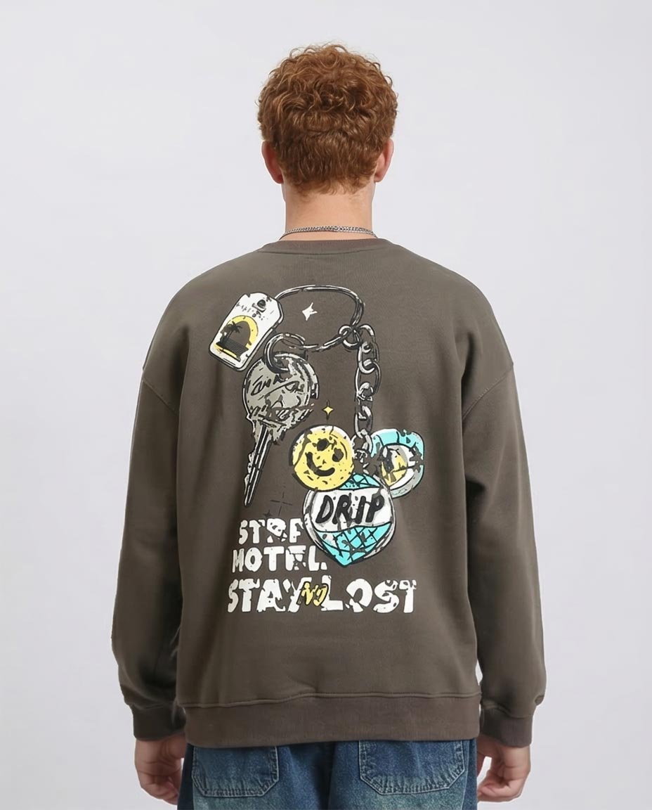 RAVIN Men’s Relaxed-Fit Graphic Sweatshirt – “Stay Lost” Streetwear Collection - Khaki - R215071