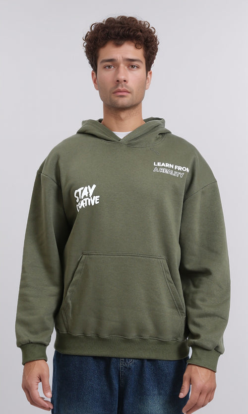 R215074 - "Stay Creative" Printed Winter Hoodie - Olive