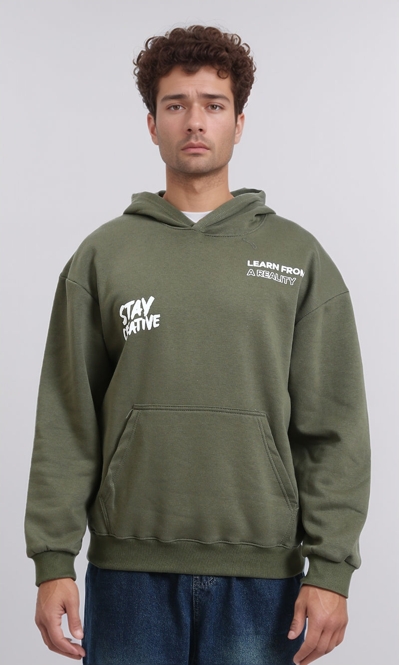 R215074 - "Stay Creative" Printed Winter Hoodie - Olive