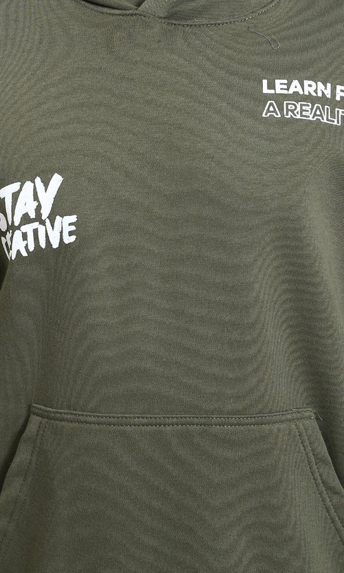 R215074 - "Stay Creative" Printed Winter Hoodie - Olive