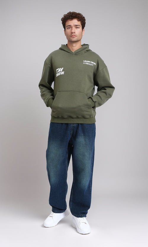 R215074 - "Stay Creative" Printed Winter Hoodie - Olive