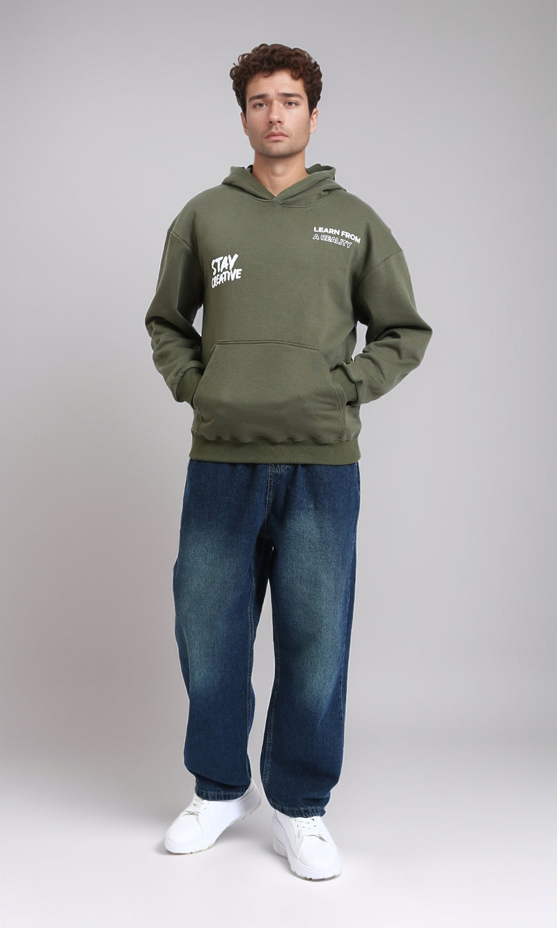 R215074 - "Stay Creative" Printed Winter Hoodie - Olive